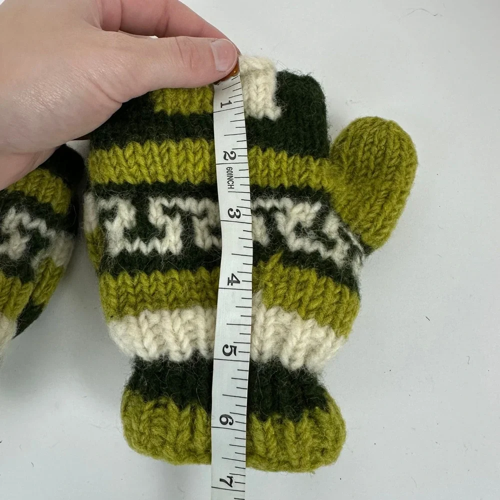 Handmade Wool Convertible Mitten Fingerless Gloves Green Striped Fleece Lined Sm